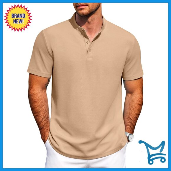 Men's Casual Short Sleeve Cotton Henley Shirt Button Down Summer Tee